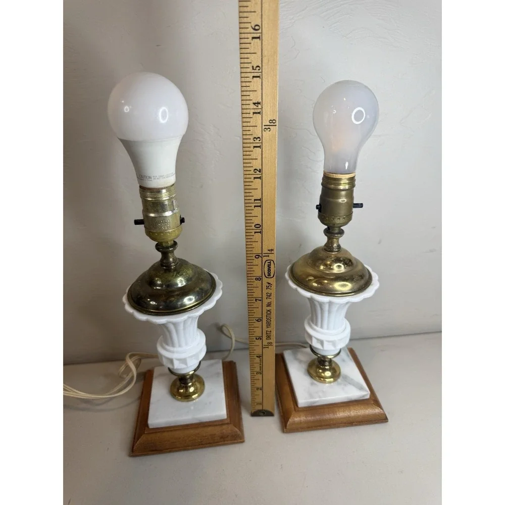 Vintage Milk Glass Brass Urn Table Lamps Marble Wood Base Mid Century Set